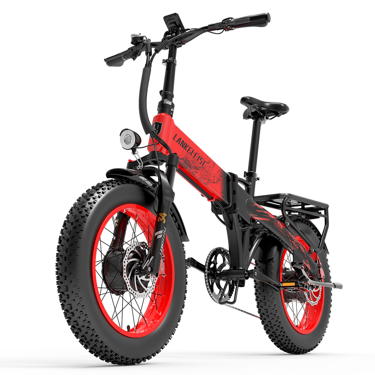 LANKELEISI X2000 MAX 2000W dual motor foldable e-bike, black frame, modern design, displayed outdoors with handlebars and wheels visible
