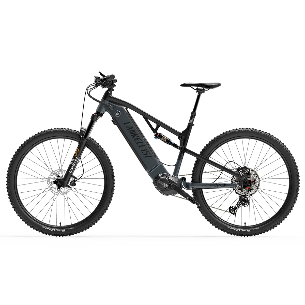Black LANKELEISI GT800 mountain electric bike with thick tires, sleek frame, and modern design, ready for off-road adventures.