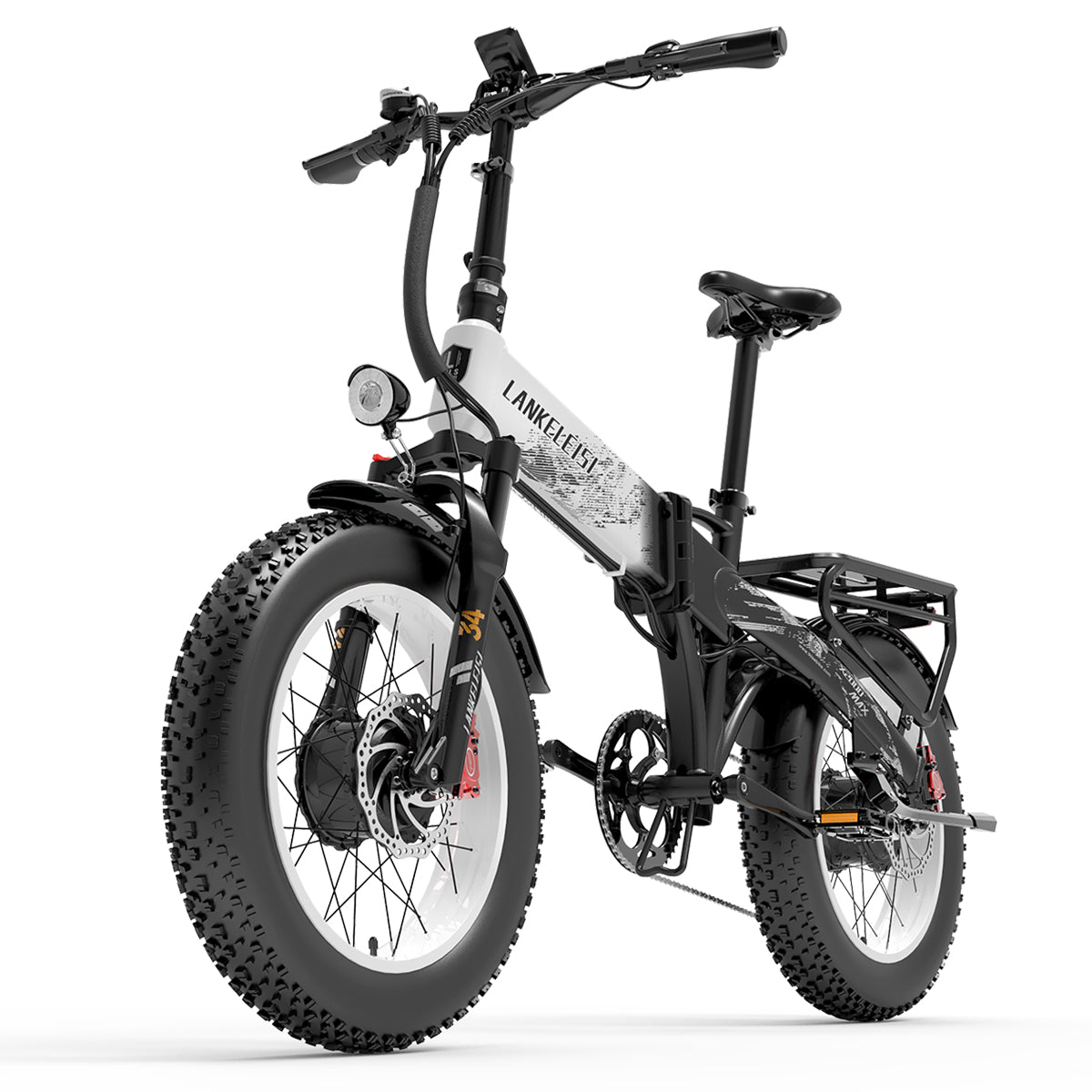 White LANKELEISI X2000 MAX 2000W dual motor foldable e-bike with sleek frame and handlebars, ready for urban commuting.
