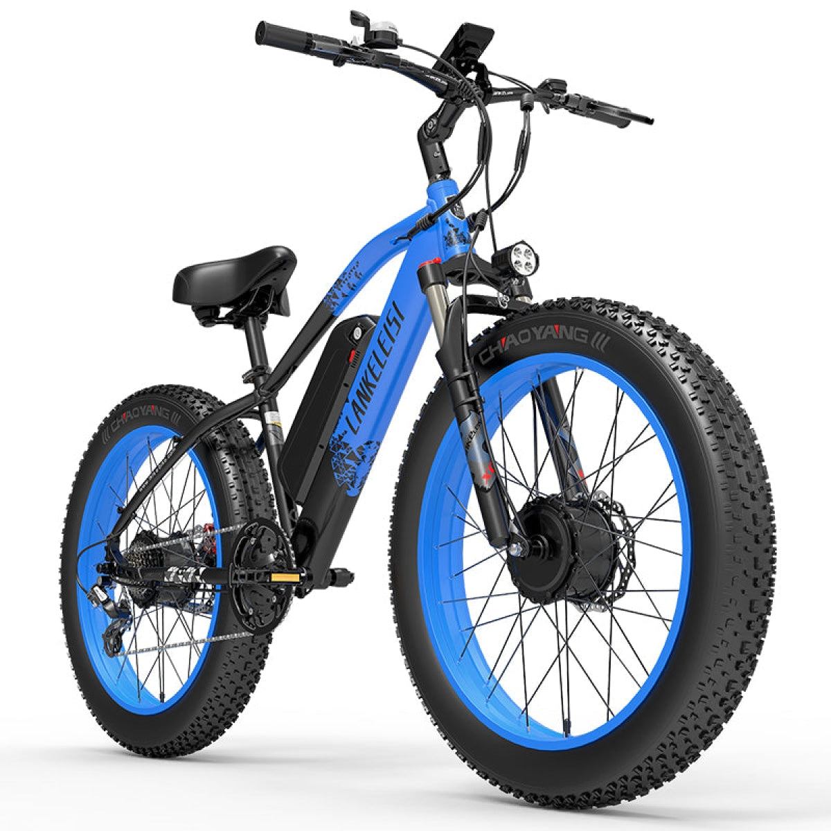 LANKELEISI MG740 PLUS off-road electric bicycle with front and rear dual motors, rugged frame, and knobby tires for off-road riding.
