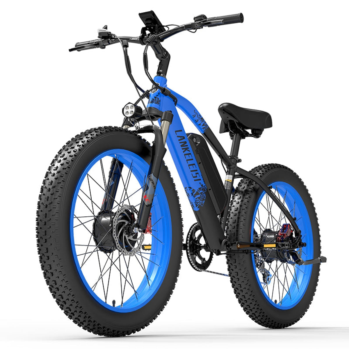 Blue LANKELEISI MG740 PLUS off-road electric bicycle with dual motors, front and rear, designed for rugged outdoor riding.