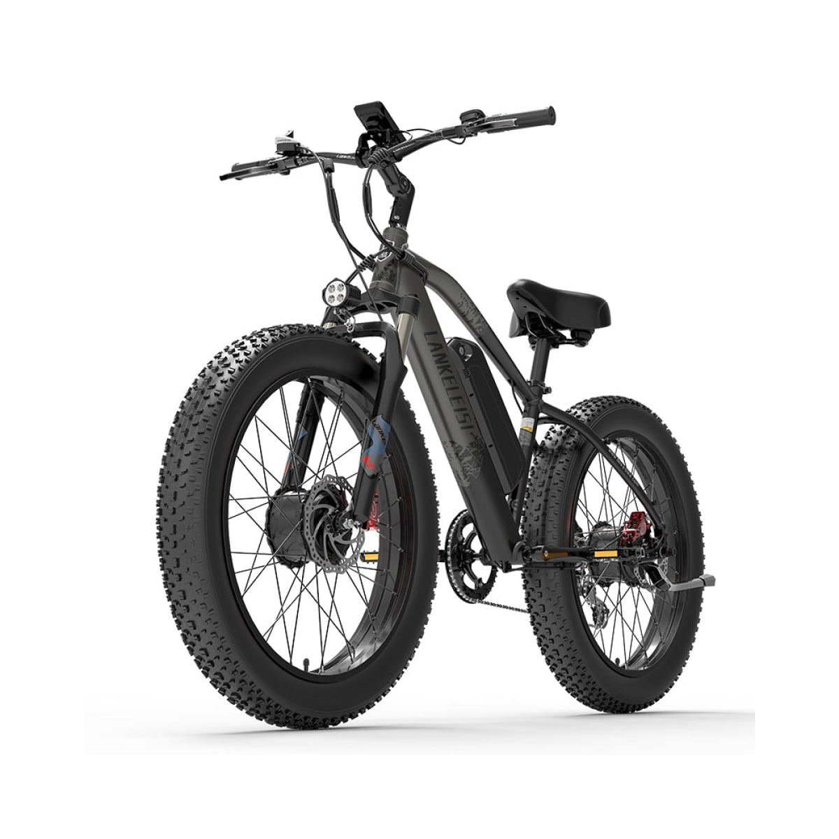 LANKELEISI MG740 PLUS off-road electric bicycle with front and rear dual motors in grey, rugged design for outdoor riding.
