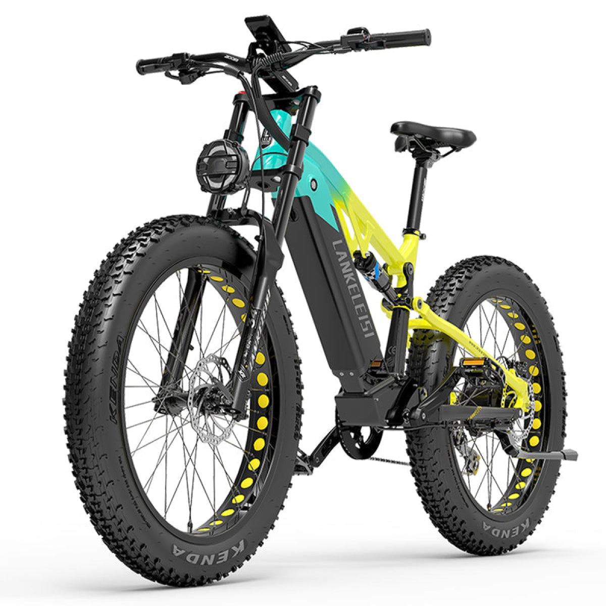 Green LANKELEISI RV800 Plus electric mountain bike with Bafang motor and sturdy frame, designed for off-road riding and outdoor adventures.