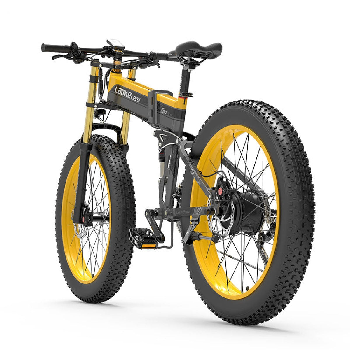 Green and yellow LANKELEISI XT750 PLUS fat tire electric mountain bike with large fork suspension and sturdy frame.