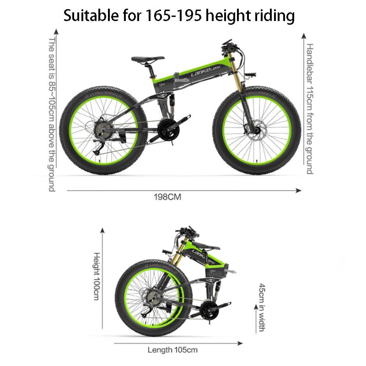 Green LANKELEISI XT750 PLUS fat tire electric mountain bike with large fork, rugged design, and thick tires for off-road riding.
