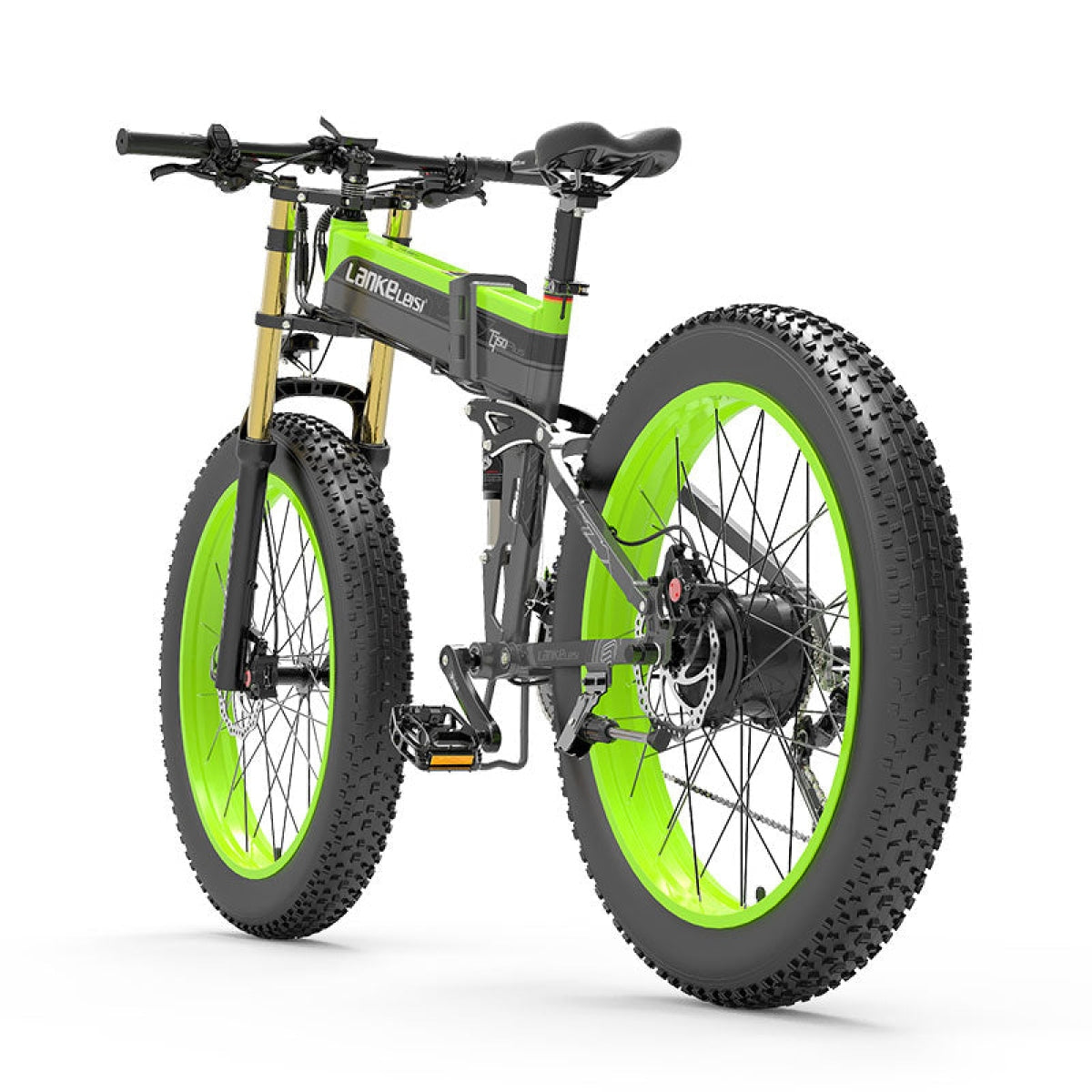 Green and yellow LANKELEISI XT750 PLUS fat tire electric mountain bike with big fork suspension, ready for off-road adventures.