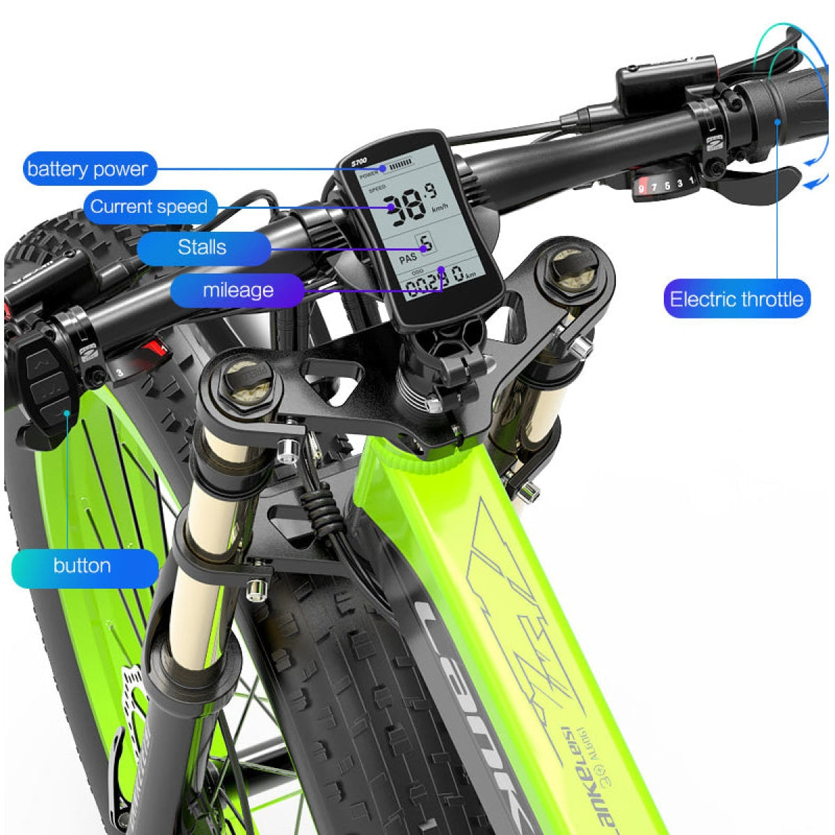 Lankeleisi XT750 Plus fat tire electric mountain bike in green with yellow accents, featuring a large fork and rugged design.