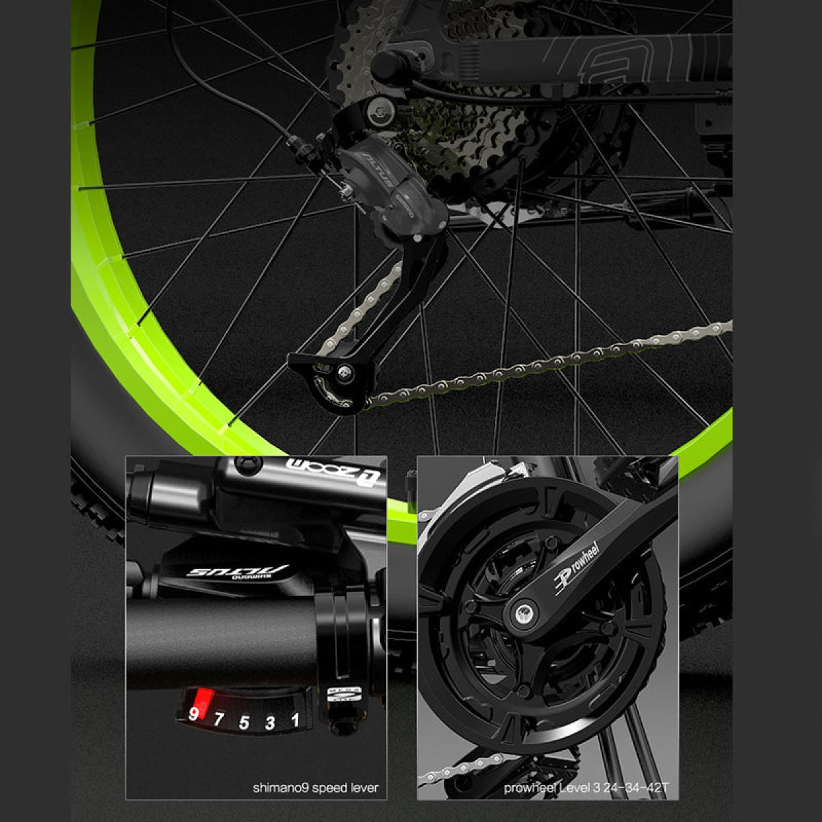 Green and yellow Lankeleisi XT750 Plus fat tire electric mountain bike with large front fork and sturdy frame.