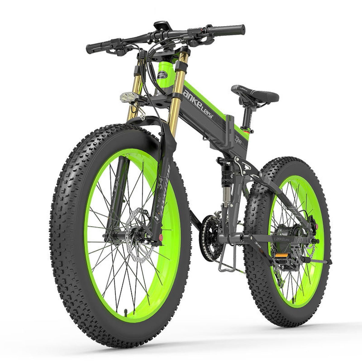 Green Lankeleisi XT750 PLUS fat tire electric mountain bike with large front fork and sturdy frame, designed for off-road riding.