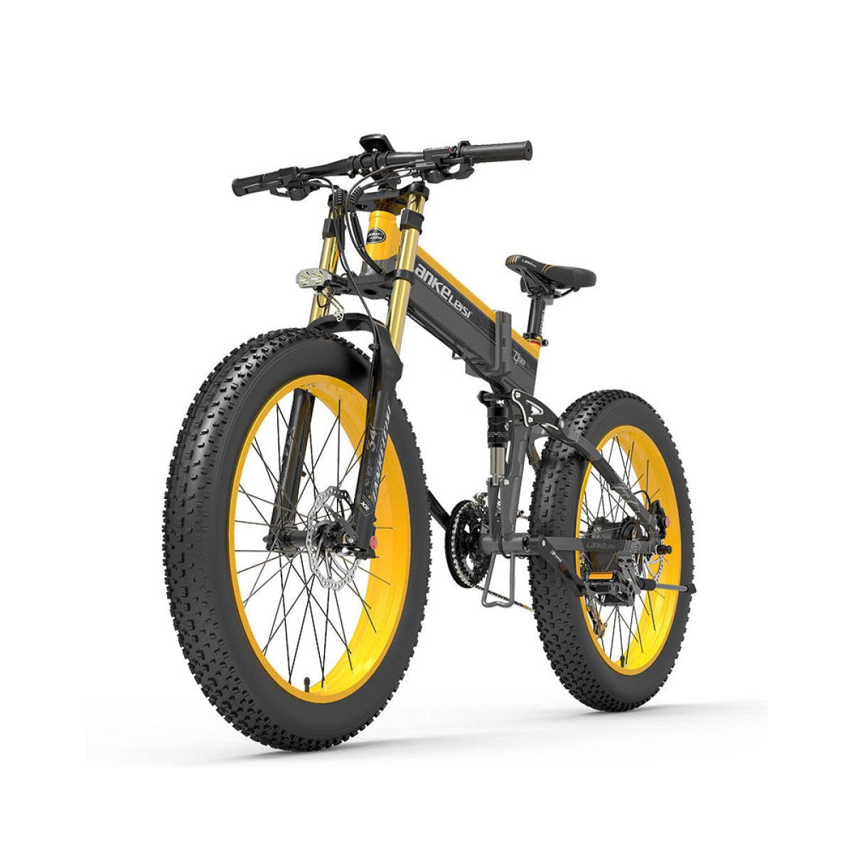 Green and yellow LANKELEISI XT750 PLUS fat tire electric mountain bike with a big fork suspension and sturdy frame.